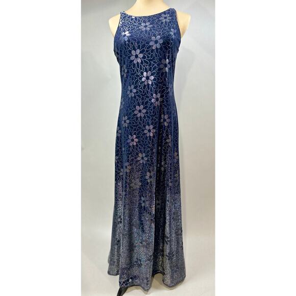 Vintage Night Way Size 10 Dress 90s Y2k Navy Floral Daisy Shimmering Gown Formal - Picture 1 of 12